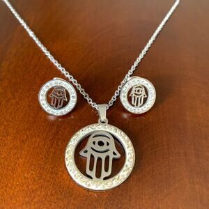 Bling Hamsa Hand Crystal Rhinestones Silver Women Necklace And Earrings Set